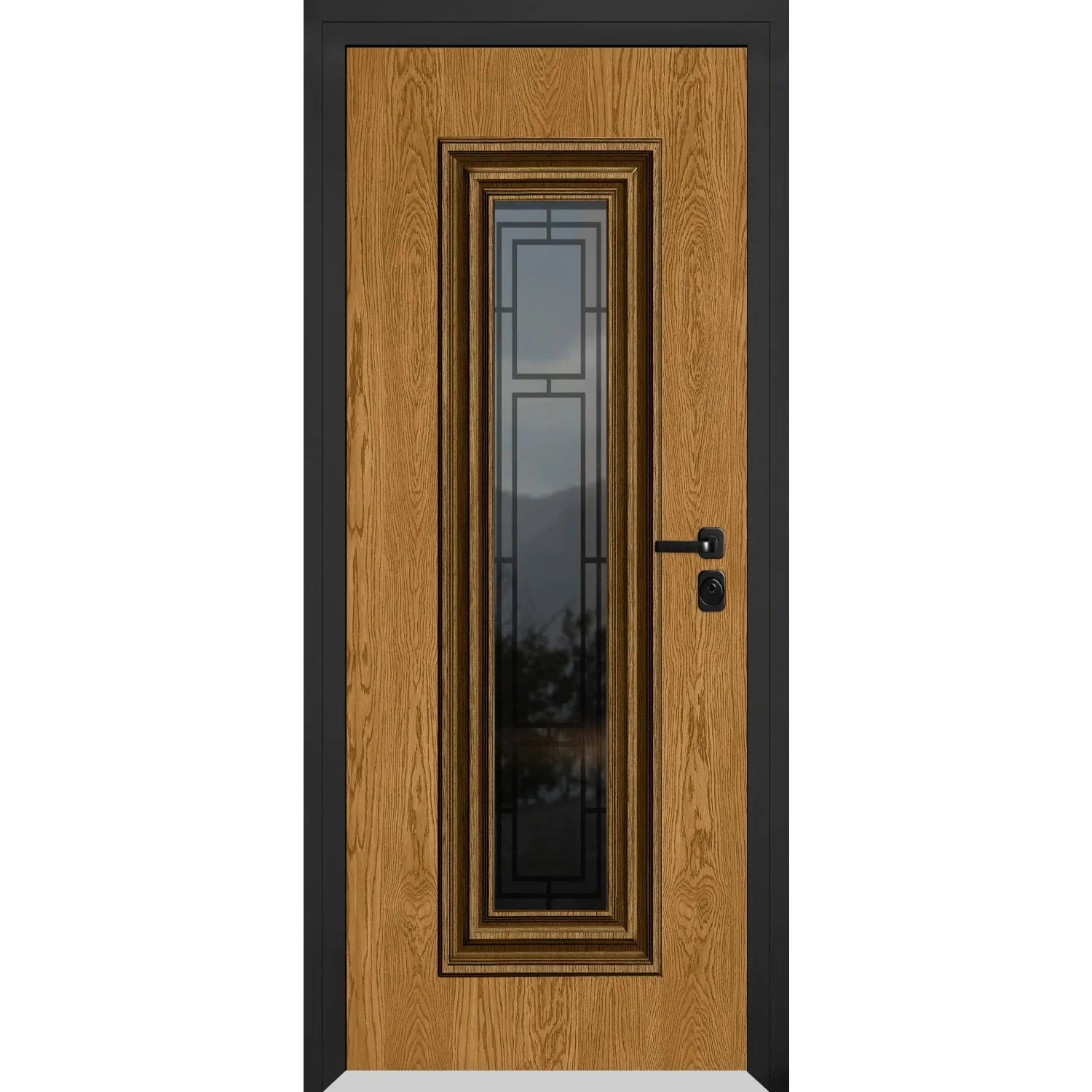 Front Exterior Prehung Steel Door / Ballucio 6644 Natural Oak / Top Exterior Window Sidelite